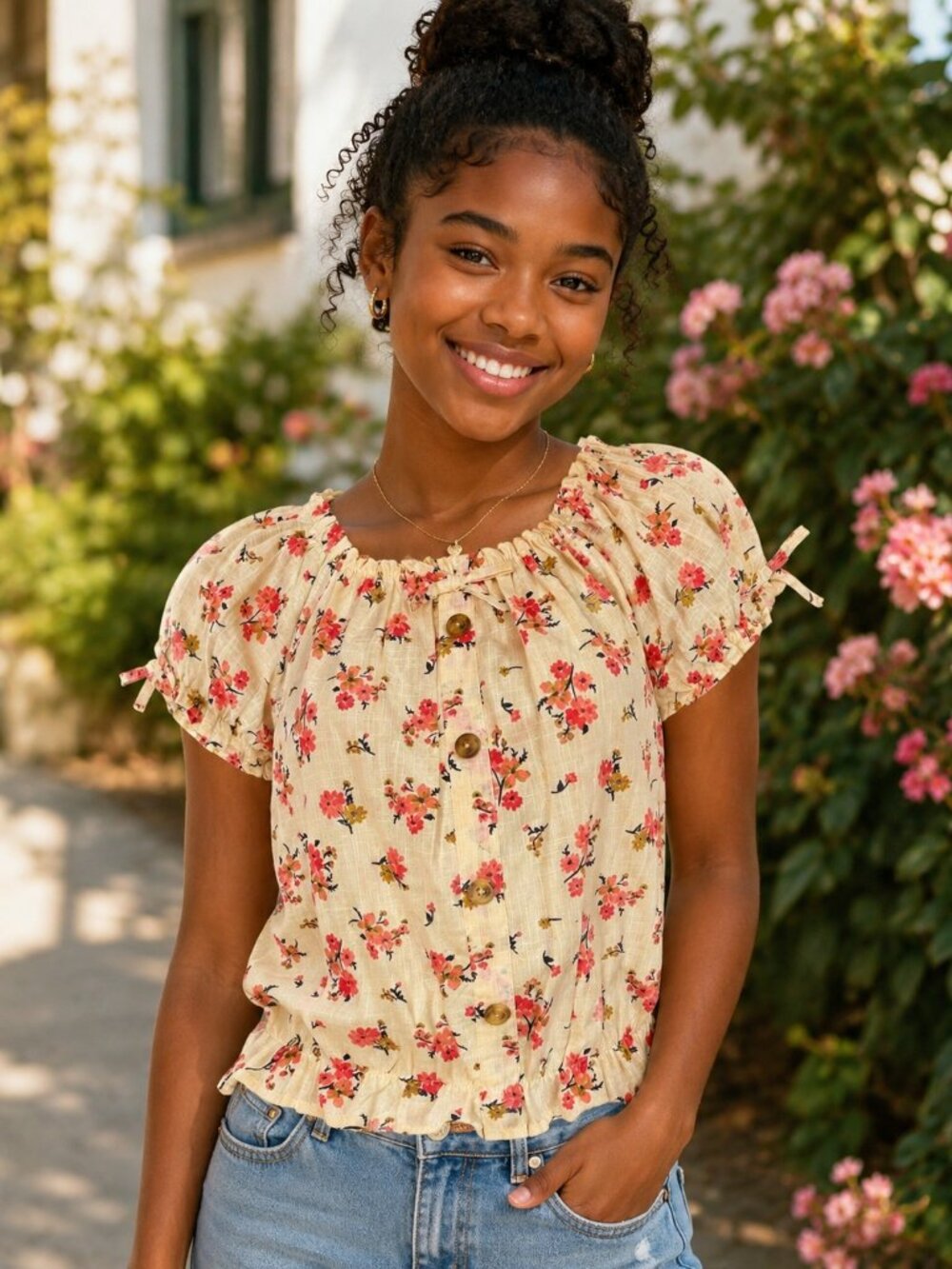 NWT WALLFLOWER Girls Yellow Floral Peasant Top Size L 14/16 100% Cotton
